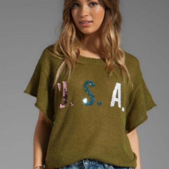 Wildfox Sweaters - NWT Wildfox sparkly sequin USA sweater OD Green